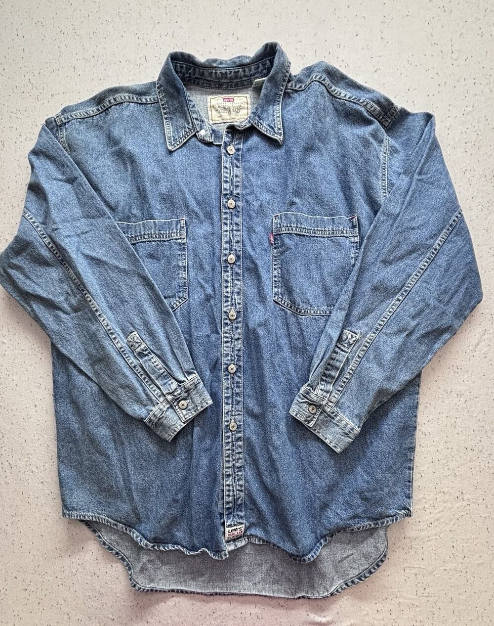 Vintage 90s Levis Denim Shirt Mens XL Red Tab Button Down Blue Workwear 1995
